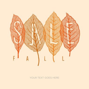 Fall sale poster with dried leaves and simple text, vector illustration.
