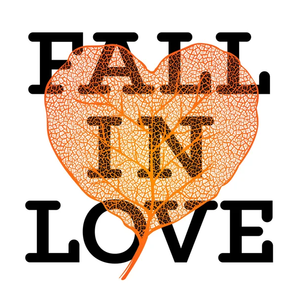 Fall in love - autumn sale poster with leaf heart shape and simple text on white background, vector illustration. — Stock Vector