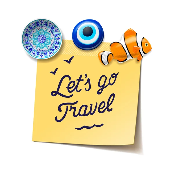 Travel and tourism concept. Lets go to the beach text on the post it notes, travel magnets, boarding pass, vector illustration. — Stock Vector