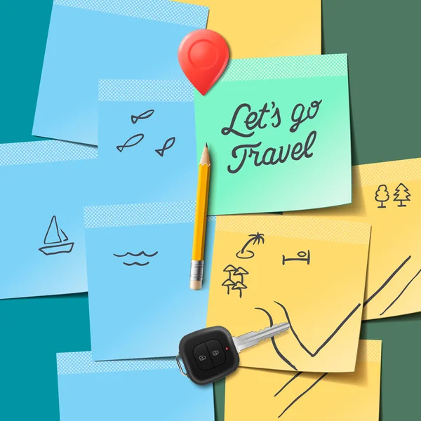 Reizen en toerisme concept. laat gaan reizen tekst op de post-it notes, reizen doodles, sleutel, potlood, vector illustratie. — Stockvector