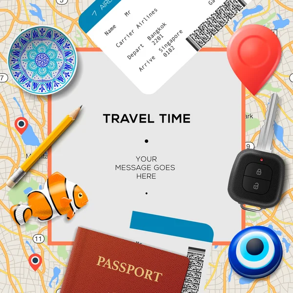 Travel time template. International passport, boarding pass, tickets with barcode, amulets and key on the map background, vector illustration. — Stock Vector