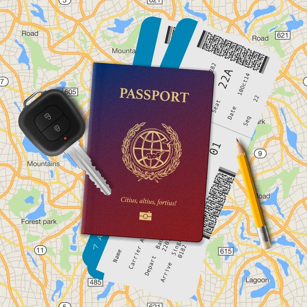 International passport, boarding pass, tickets with barcode and key on the map seamless background, vector illustration. — Stock Vector