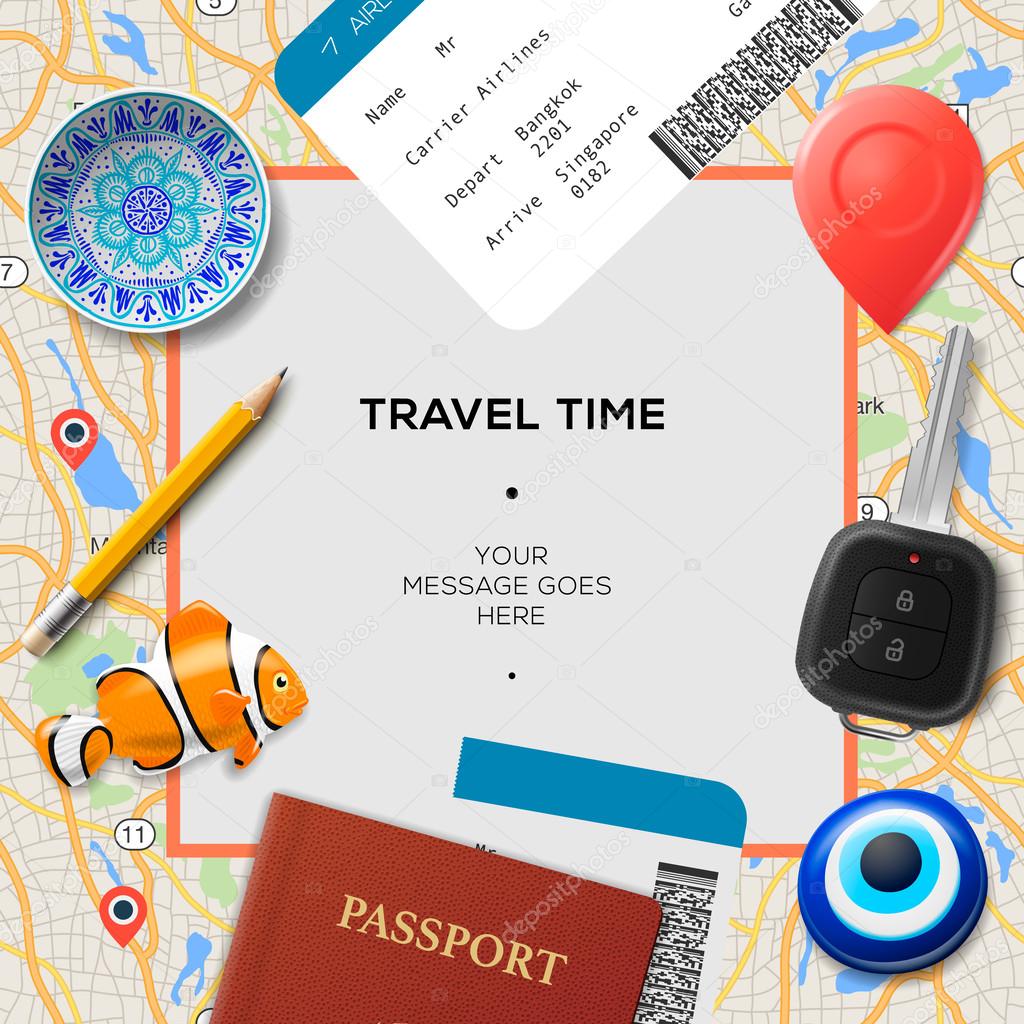 Travel time template. International passport, boarding pass, tickets with barcode, amulets and key on the map background, vector illustration.
