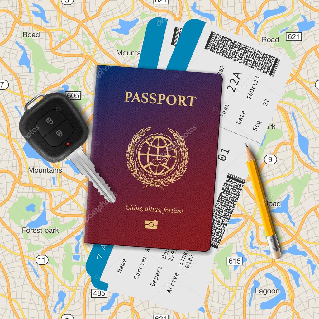 International passport, boarding pass, tickets with barcode and key on the map seamless background, vector illustration.