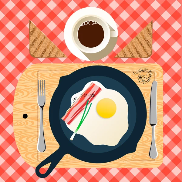 Sartén de desayuno con huevos fritos, tocino — Vector de stock