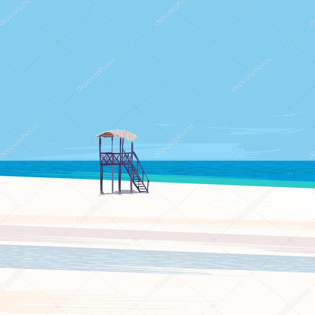 Lifeguard tower on a white sand beach