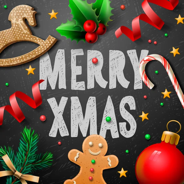 Veselé Vánoce slavnostní pozadí s muži perník a Vánoční dekorace, vektorové ilustrace. — Stockový vektor