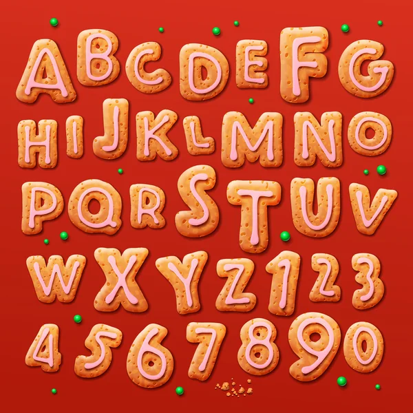 Christmas gingerbread cookies alphabet and numbers — Stock Vector