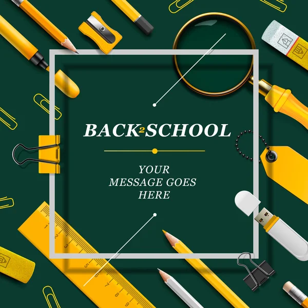 Bienvenue Modèle de retour à l'école avec fournitures scolaires, couleurs verte et jaune — Image vectorielle