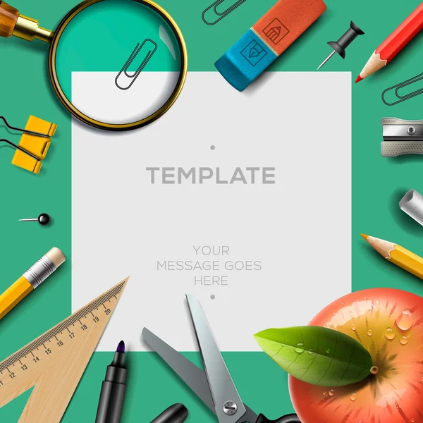 Education template with office supplies, back to school background — Stock Vector