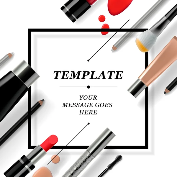 Makeup template with collection of make up cosmetics and accessories, vector illustration. — Stock Vector