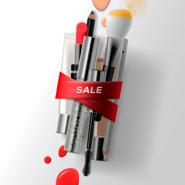 Διάφορα πινέλα μακιγιάζ και των καλλυντικών με κόκκινη κορδέλα. Πώληση αφίσα, εικονογράφηση φορέας. — Διανυσματικό Αρχείο