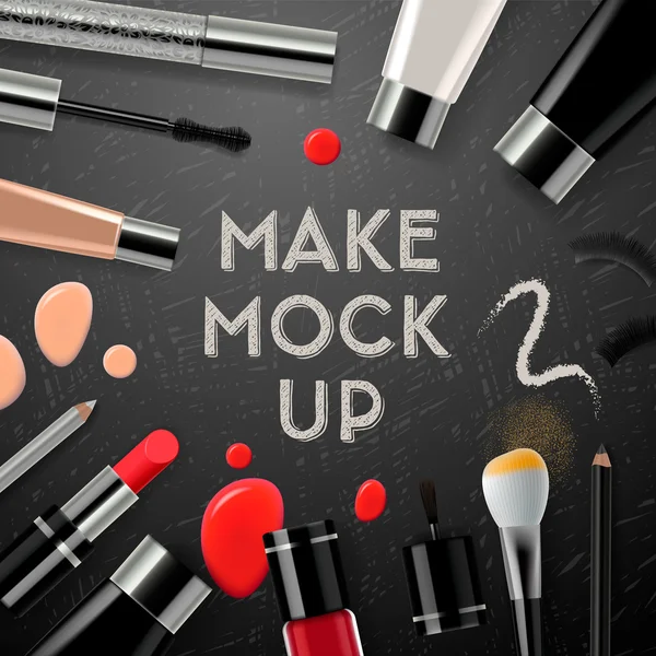 Make-up mockup met collectie cosmetica en accessoires, vectorillustratie. — Stockvector