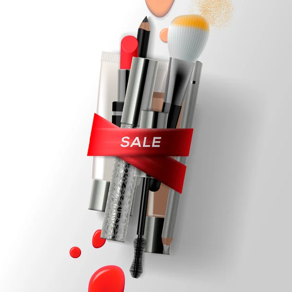 Various makeup brushes and cosmetics with red ribbon. Sale poster, vector illustration. Stock Vector