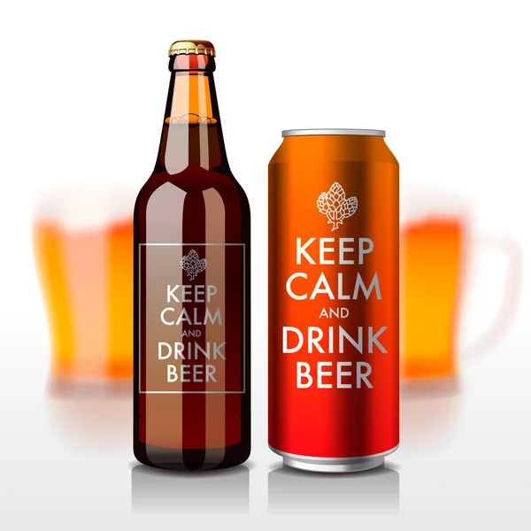 Beer bottle and can with label - Keep Calm and drink beer — Stock Vector