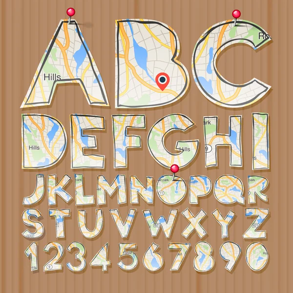 Alfabeto y números, diseño artesanal de papel, cortado por tijeras del mapa — Vector de stock