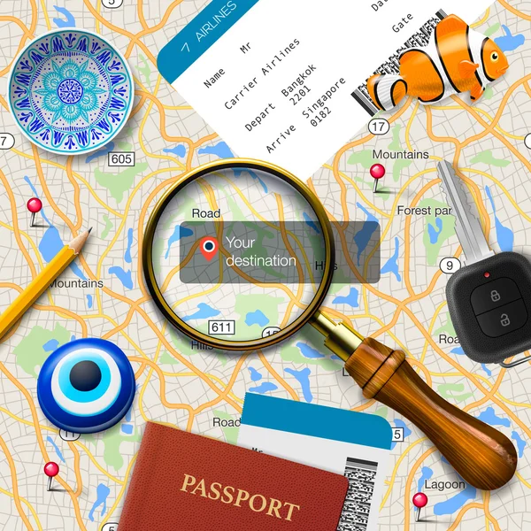 Concept de voyage. Navigation - Vous êtes ici. Passeport international, carte d'embarquement, billets, aimants et clés sur le fond de la carte — Image vectorielle