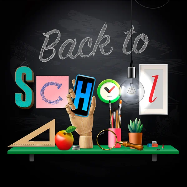 Back to school template with schools workspace supplies — Stock Vector