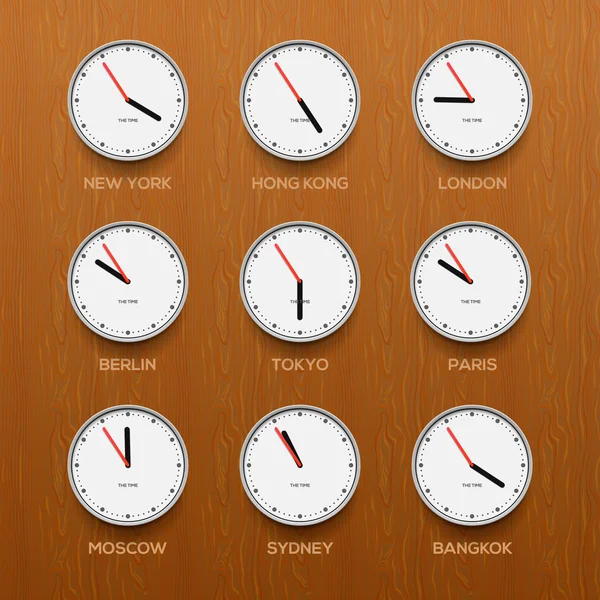 Relojes Timezone mostrando diferente tiempo, fondo de pared de madera — Vector de stock