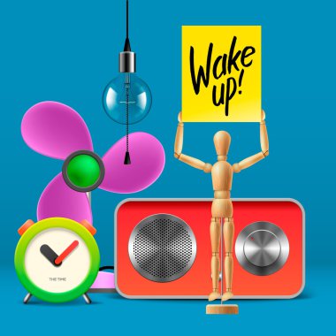 Uyandır. Çalışma alanı kadar analog alarm saat, ses sistemi, fan, ahşap vitrin mankeni ile alay etmek