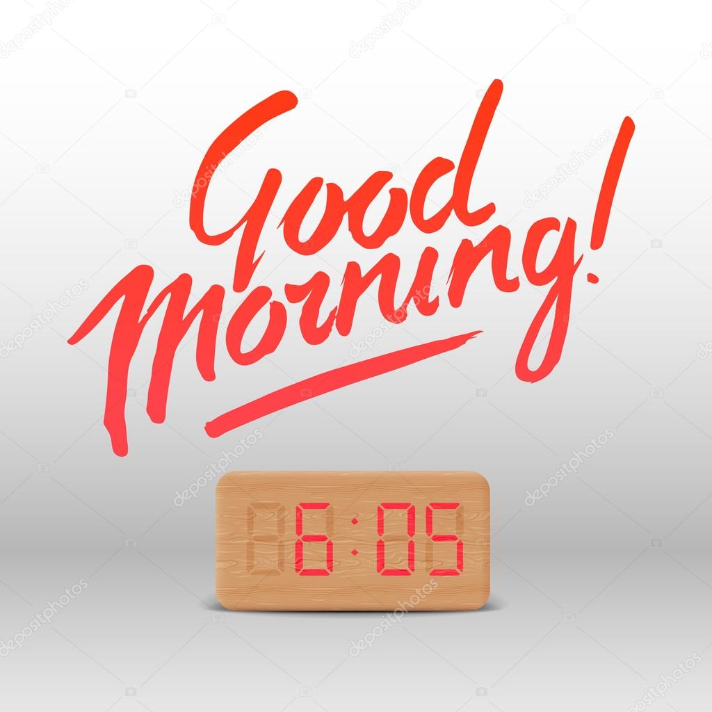 Good Morning. Workspace mock up with wooden digital alarm clock