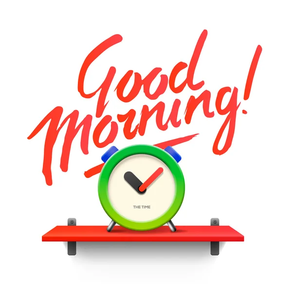 Καλημέρα. Χώρος εργασίας ομοίωμα με αναλογικό ρολόι συναγερμών — Διανυσματικό Αρχείο