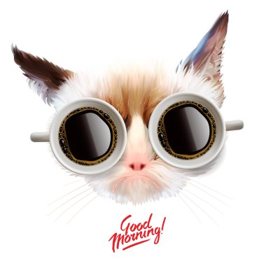 Good morning. Funny cat with cups of coffee