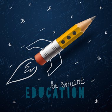 Smart education. Rocket ship launch with pencil - sketch on the blackboard