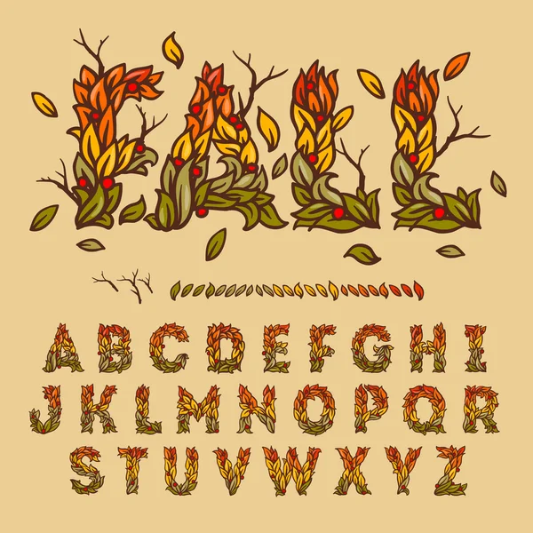 Hand getrokken vallen alfabet gemaakt met bladeren — Stockvector