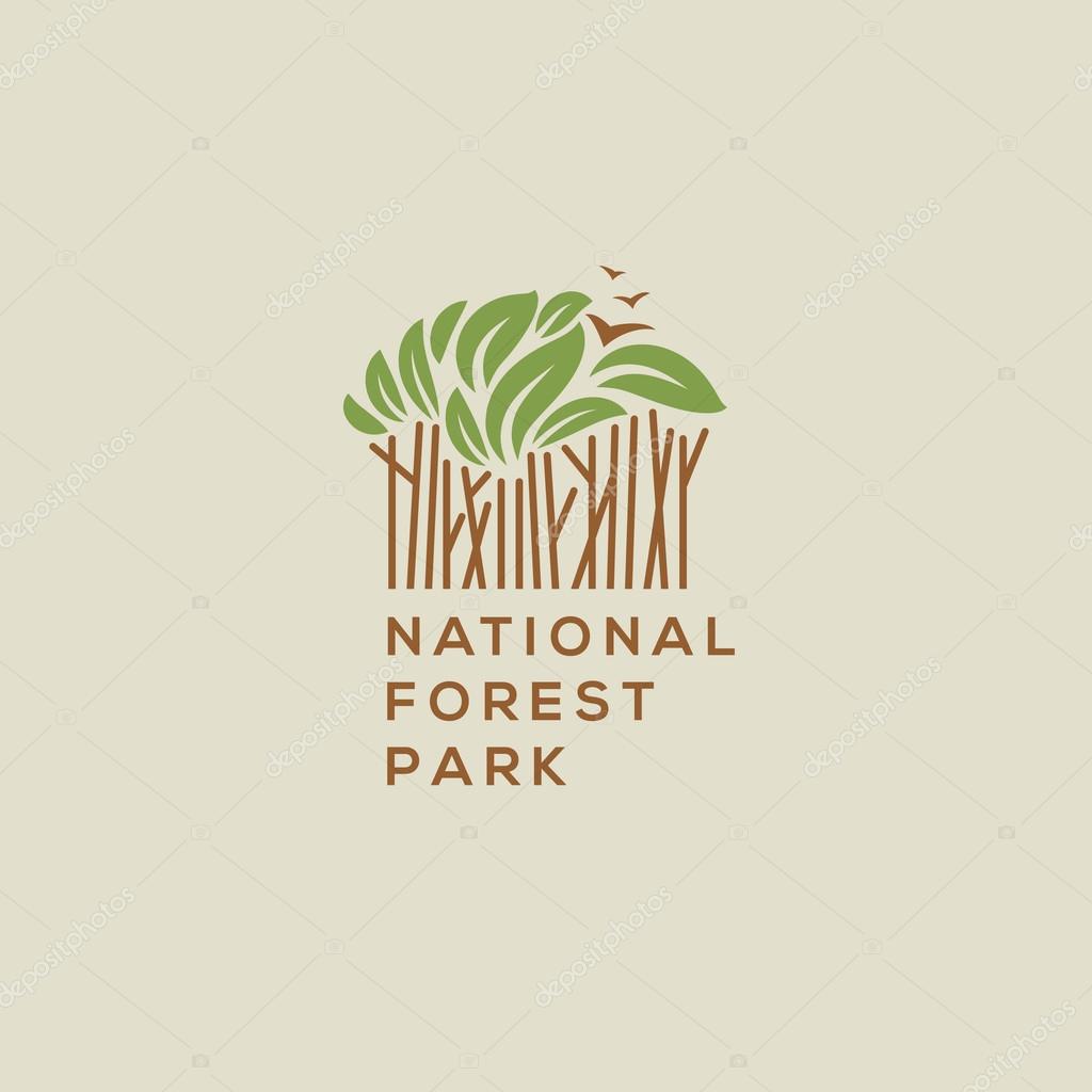 Forest national park logo. Outdoor activity, camping and nature exploration symbol, vector illustration.