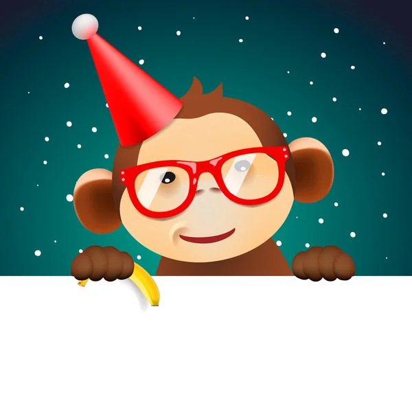 Cute monkey holding white page, Christmas card — Stock Vector