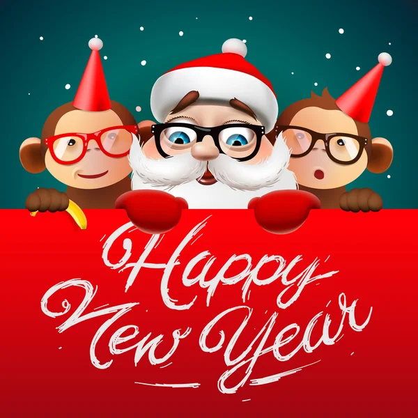 Mutlu yeni yıl kartı ile Noel Baba ve maymunlar — Stok Vektör
