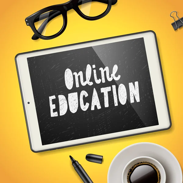 Online εκπαίδευση έννοια, χώρο εργασίας με τη συσκευή — Διανυσματικό Αρχείο