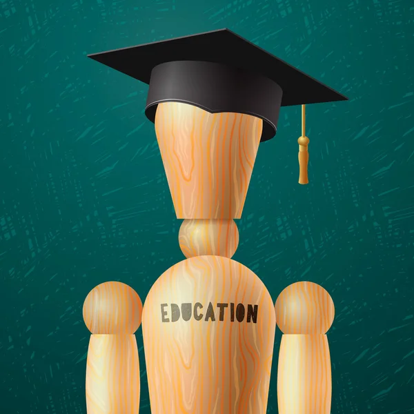 Education design, wooden dummy in the mortarboard — Stock Vector