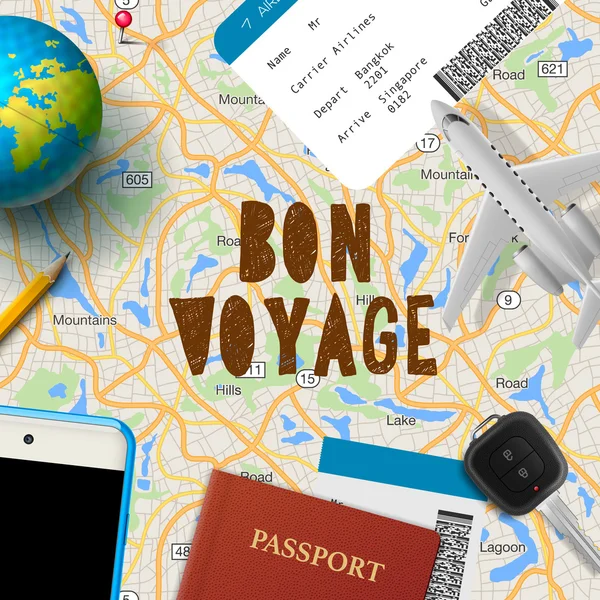 Bon voyage, planerar semesterresa med karta — Stock vektor