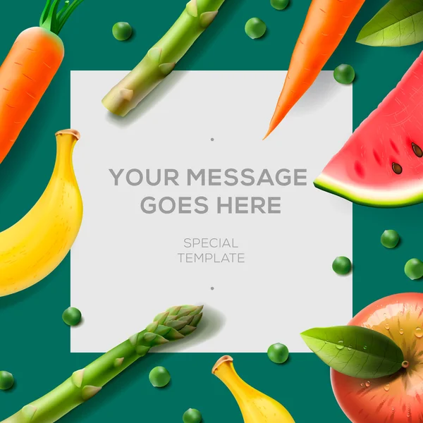 Bannière alimentaire biologique, légumes et fruits frais — Image vectorielle