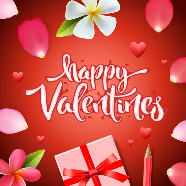 Glückliche Valentinstag-Grußkarte, Geschenkbox mit roten Schleifenblumen und Rosenblütenblättern, Vektorillustration. — Stockvektor