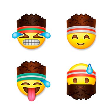 Emoji gülen yüzler, fitness kavramı, vektör çizim.