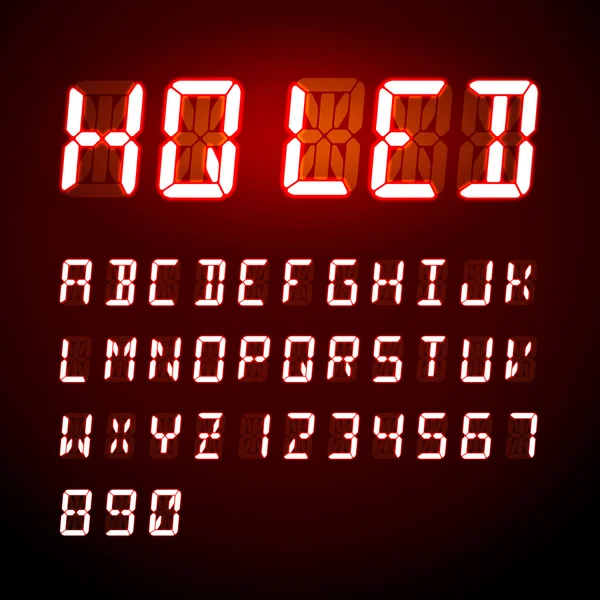 Светодиодный цифровой алфавит на черном фоне, векторная иллюстрация — стоковый вектор