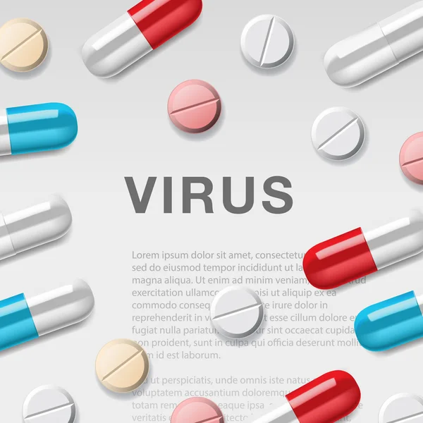 Virus concept met injectiespuiten en medicijnen, achtergrond informatie, mockup, vectorillustratie. — Stockvector