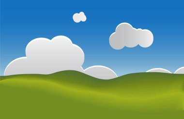 mavi gökyüzü bulutu arkaplan vektörüne sahip yeşil manzara, şablon ve afiş illüstrasyon için kullanılabilir.