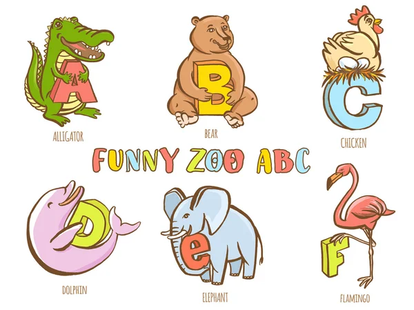 Funny zoo animals kid's alphabet. Hand drawn ink colorful style. — Stock Vector