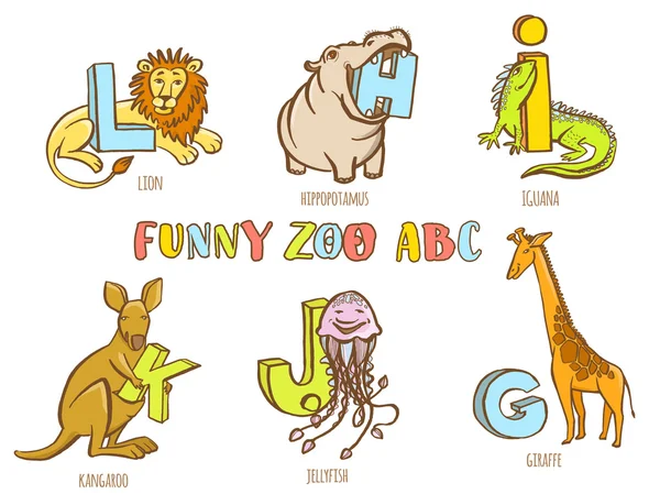 Funny zoo animals kid's alphabet. Hand drawn ink colorful style — Stock Vector