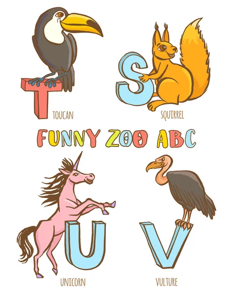 Funny zoo animals kid's alphabet. Hand drawn ink colorful style — Stock Vector