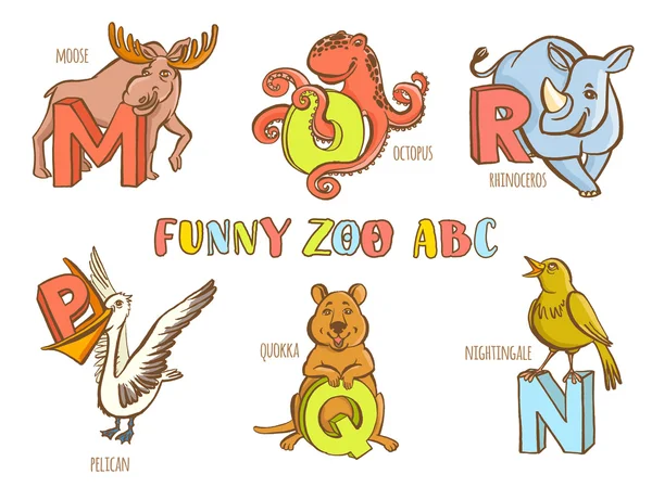 Funny zoo animals kid's alphabet. Hand drawn ink colorful style. — Stock Vector