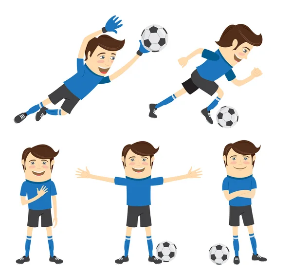 Conjunto de divertido jugador de fútbol con camiseta azul corriendo — Vector de stock