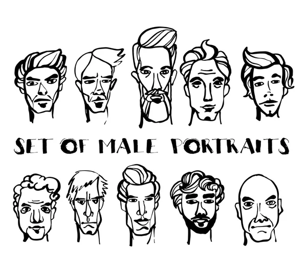 Ensemble de portraits de gribouillis masculins dessinés à la main. Noir et blanc — Image vectorielle