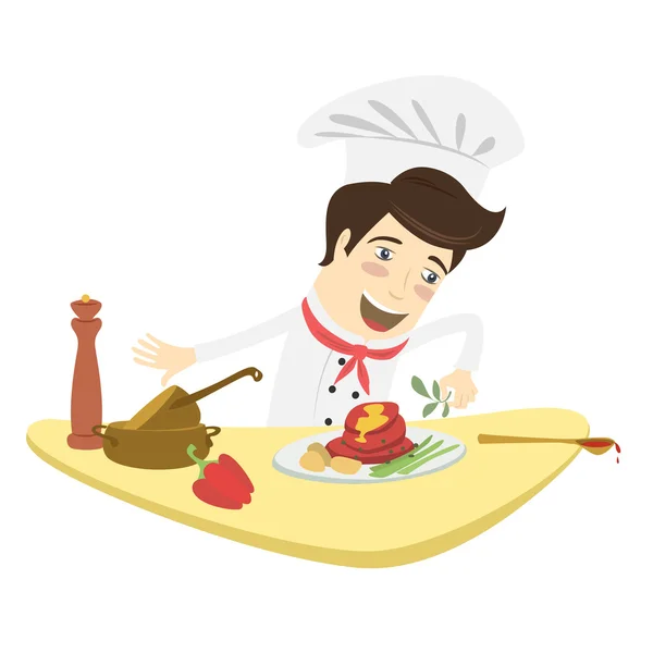 Cuoco divertente che cucina piatti di carne in cucina — Vettoriale Stock