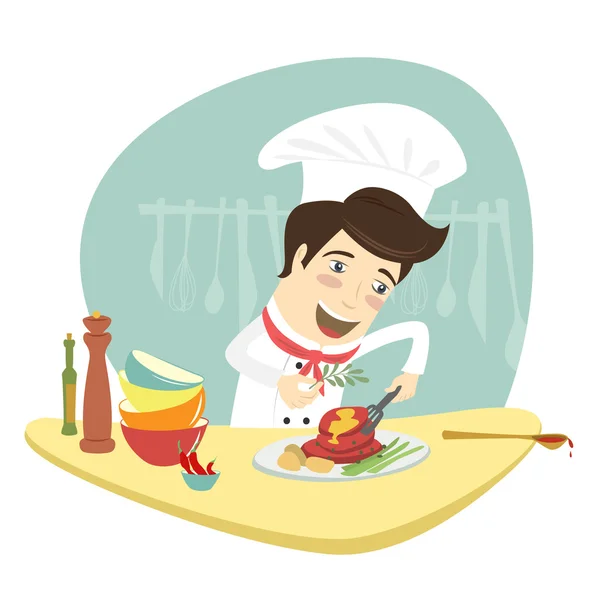 Забавный повар готовит мясное блюдо на кухне — стоковый вектор