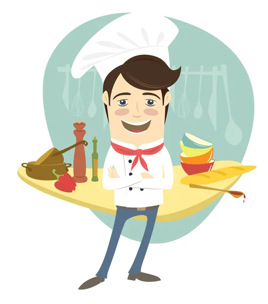 Cuoco divertente in piedi con le braccia incrociate in cucina — Vettoriale Stock